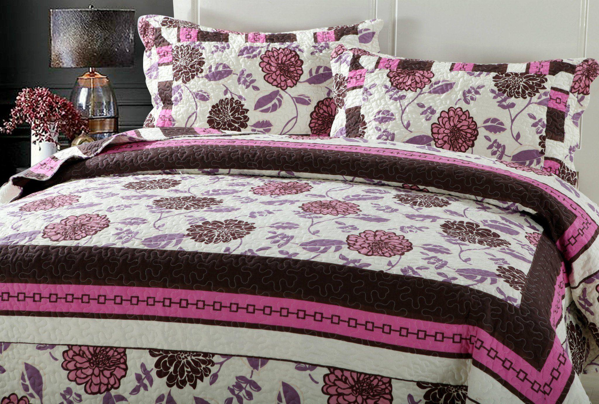 Bohemian Purple Blooms Floral Bedspread Set – Pink & Brown (KBJ1629)