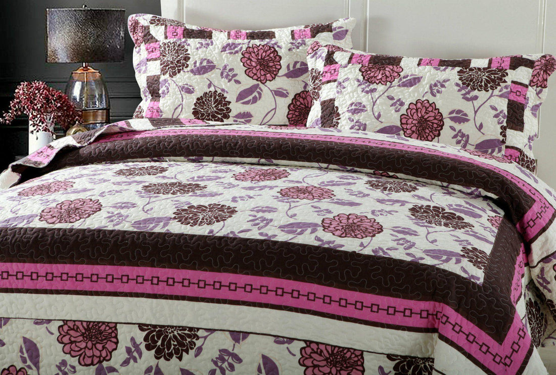 Bohemian Purple Blooms Floral Bedspread Set – Pink & Brown (KBJ1629)