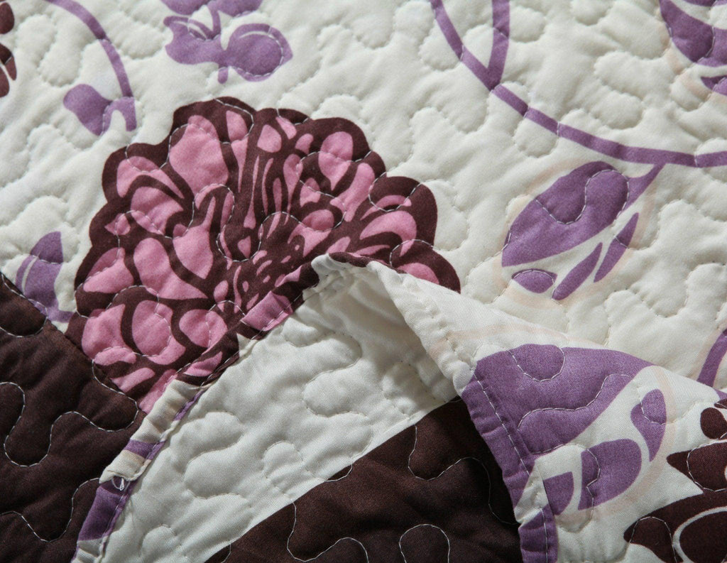Bohemian Purple Blooms Floral Bedspread Set – Pink & Brown (KBJ1629)