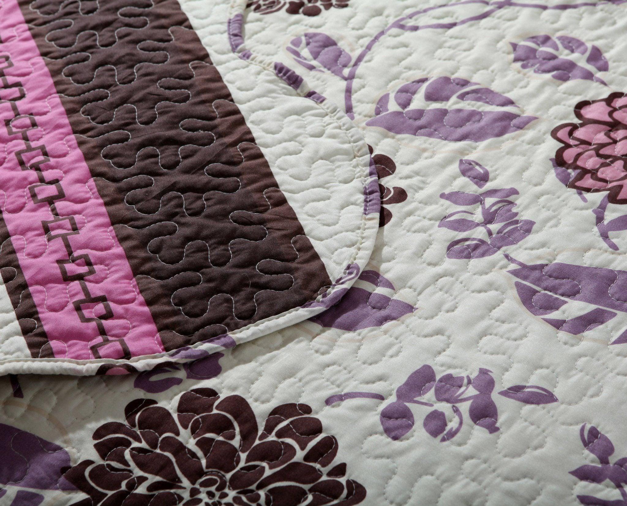 Bohemian Purple Blooms Floral Bedspread Set – Pink & Brown (KBJ1629)