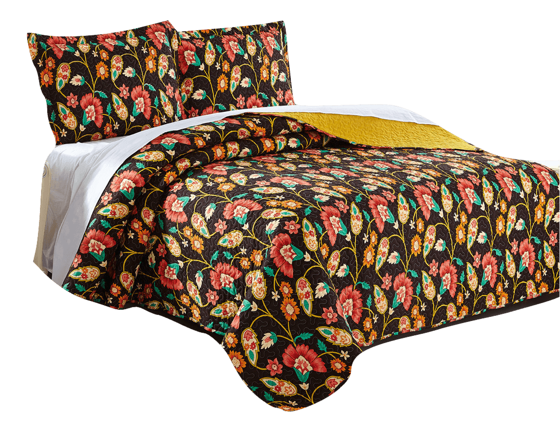 Marigold Floral Quilted Bedspread Set – Brown & Yellow (HS-3330)