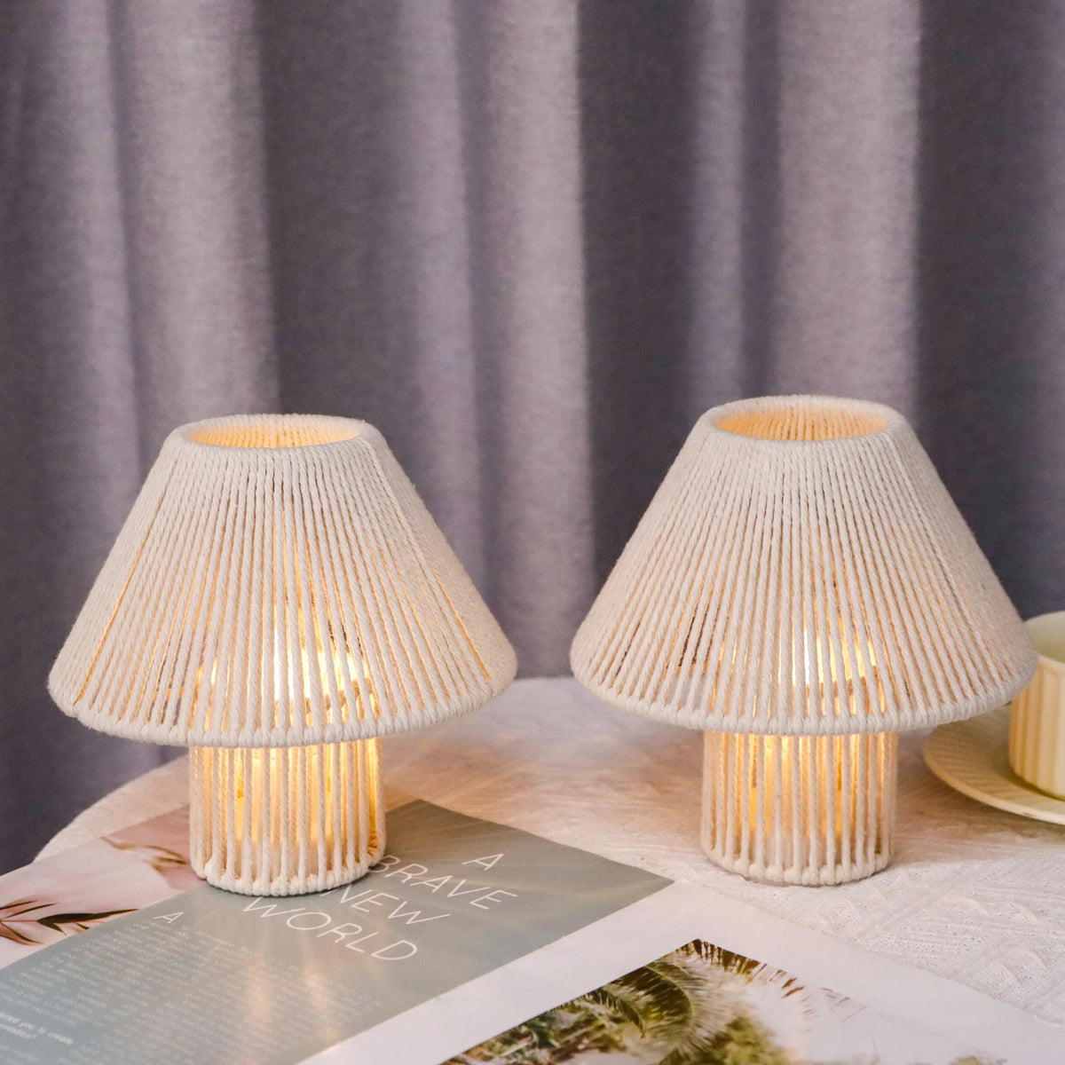 Cotton Rope Table Lamp Set of 2 Woven Cotton Rope LED Cordless Table Lamp – DorothysDesignAndDecor