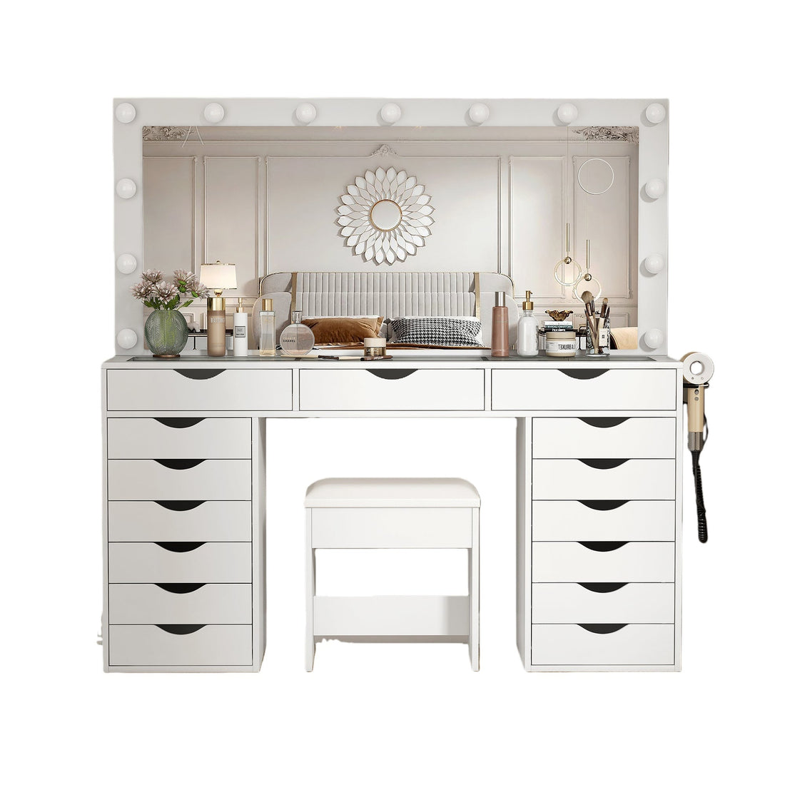15-Drawer LED Mirror Vanity Desk - Vektaya