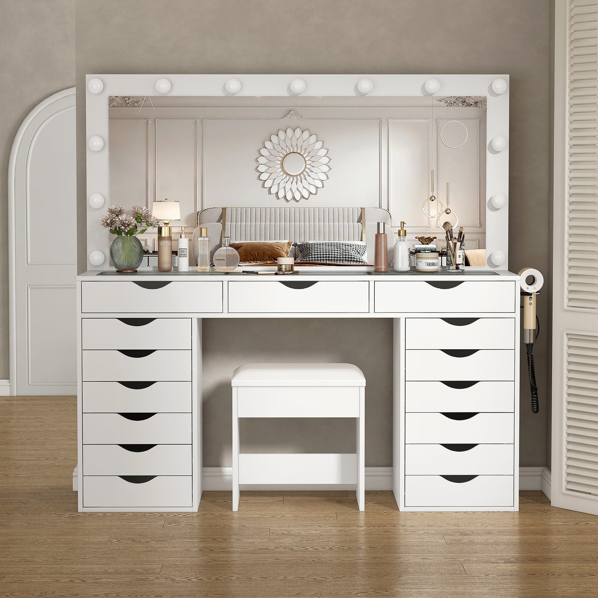 15-Drawer LED Mirror Vanity Desk - Vektaya
