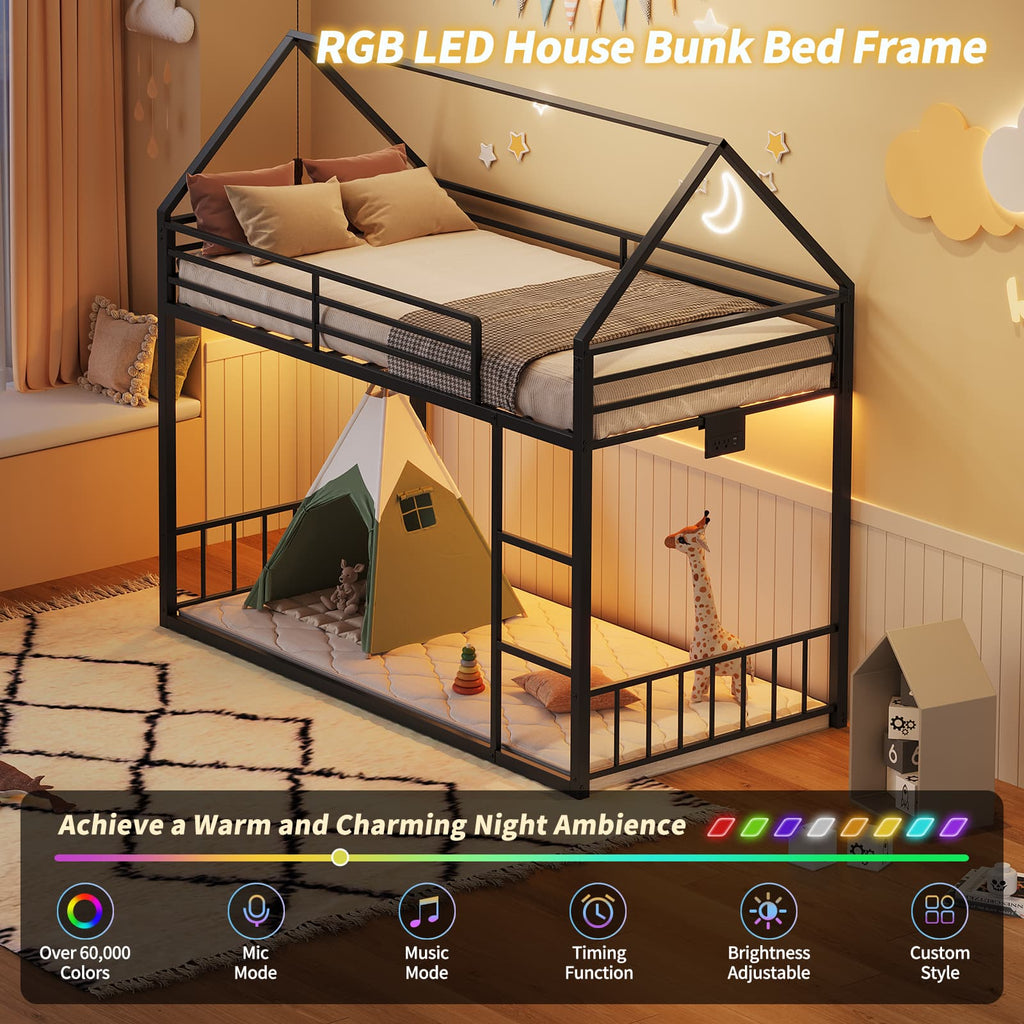Twin Metal Bunk Bed with RGB LED, USB Charging - Vektaya