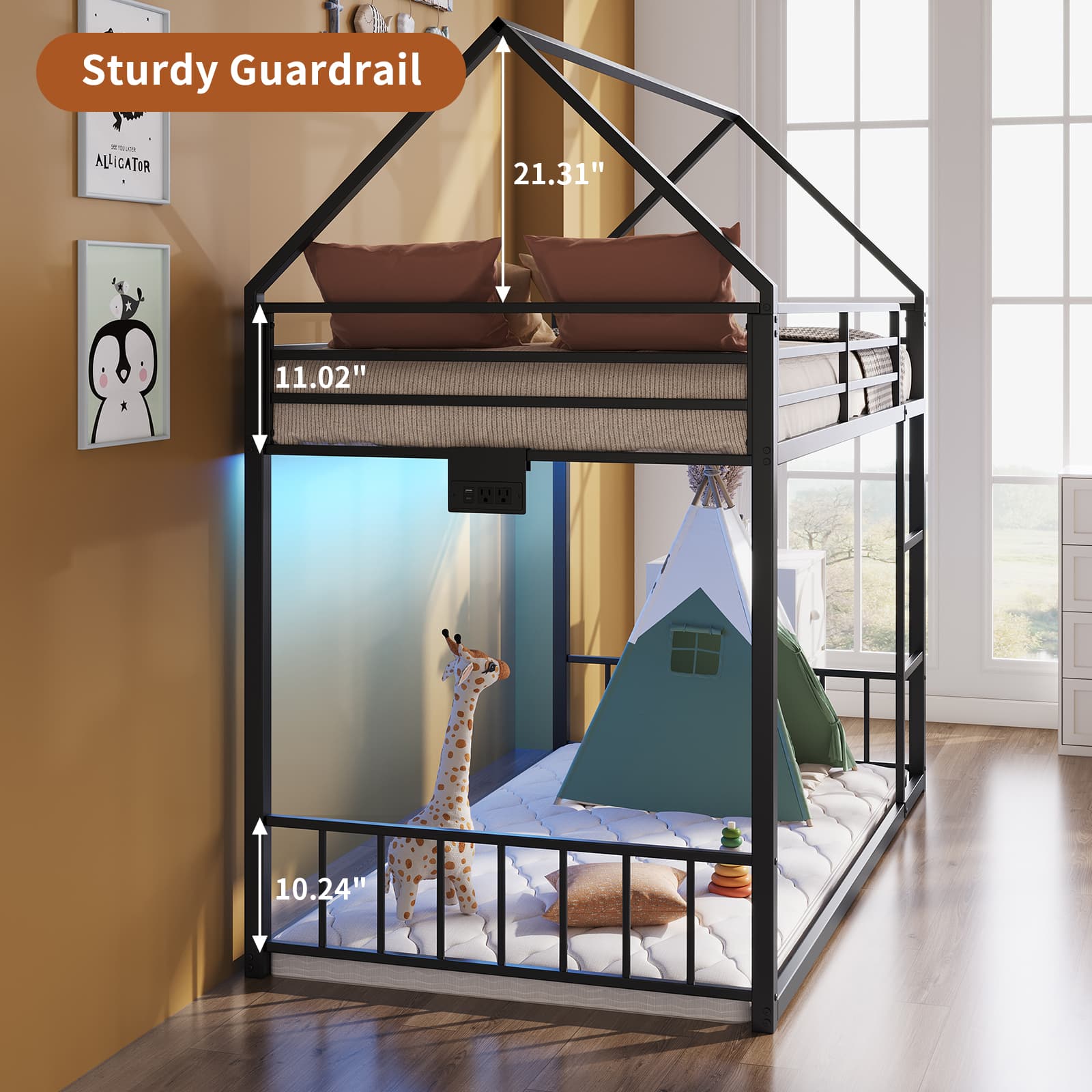 Twin Metal Bunk Bed with RGB LED, USB Charging - Vektaya
