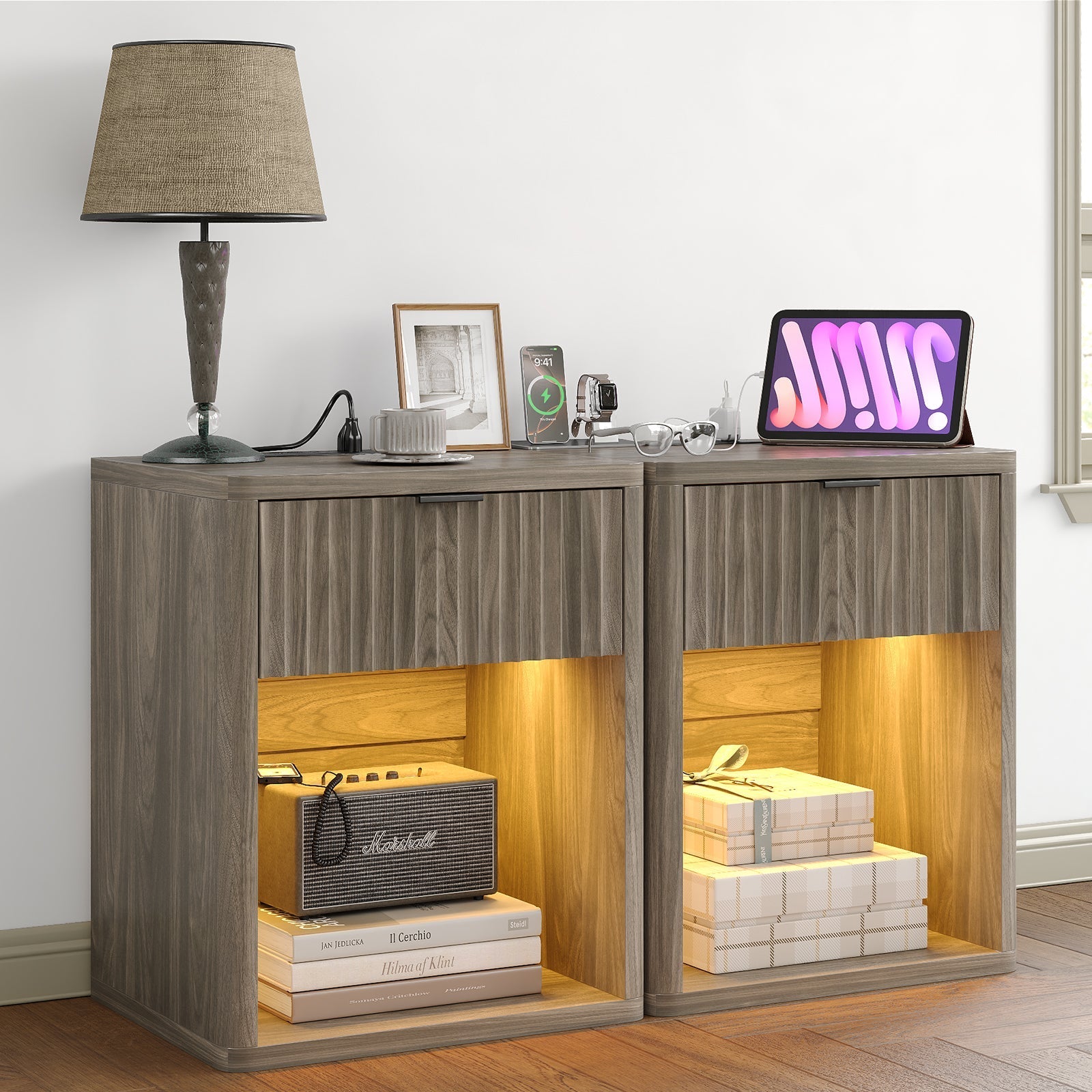 Fluted LED Nightstand with Charging Station, Drawer Side Tables, Oak - Vektaya