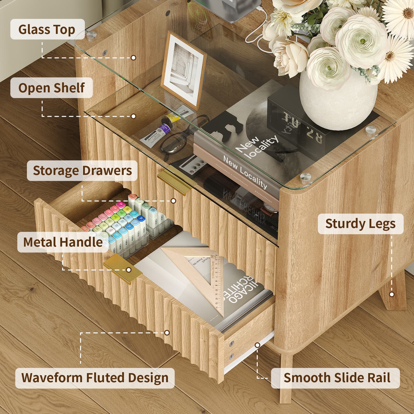23" Fluted LED Nightstand with Charging Station, Drawers, Oak - Vektaya