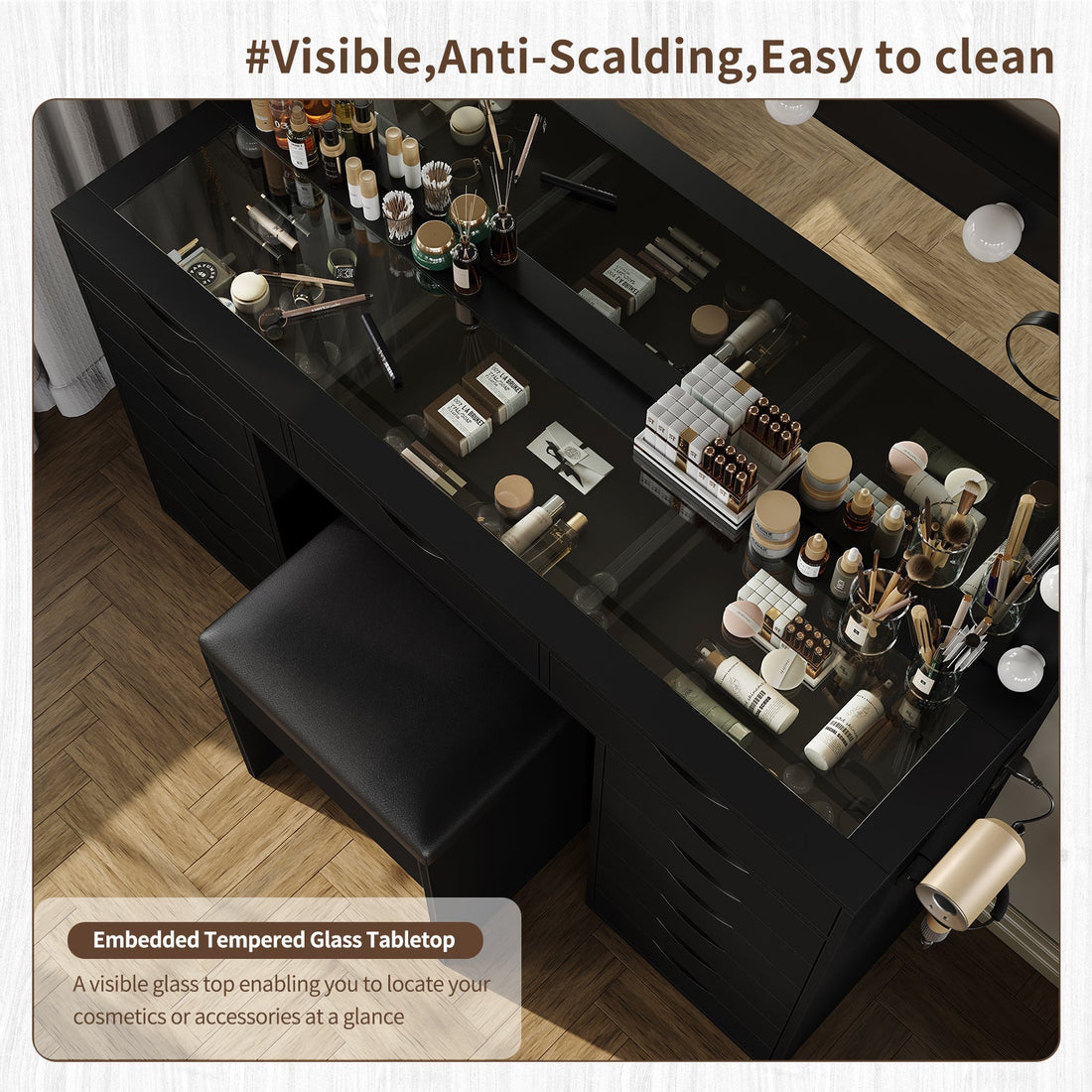 15-Drawer LED Mirror Vanity Desk - Vektaya