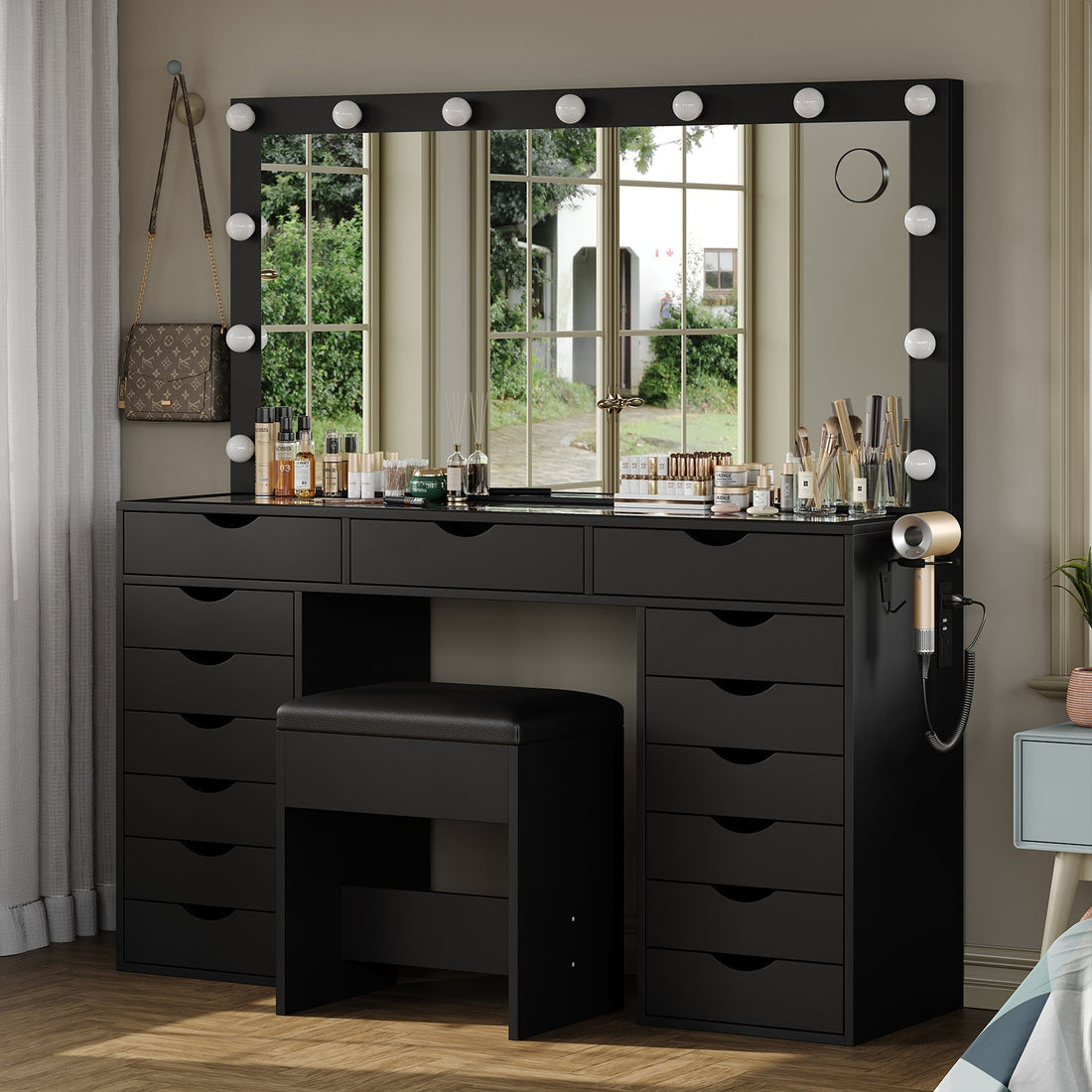 15-Drawer LED Mirror Vanity Desk - Vektaya