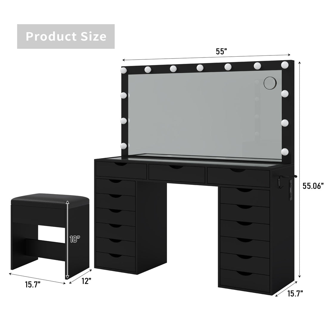 15-Drawer LED Mirror Vanity Desk - Vektaya