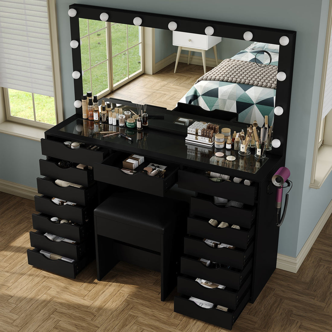 15-Drawer LED Mirror Vanity Desk - Vektaya
