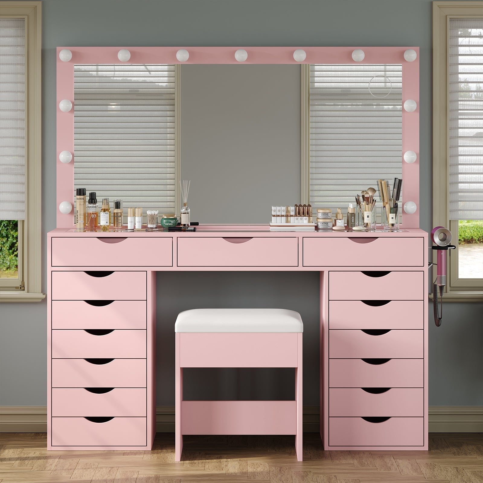 15-Drawer LED Mirror Vanity Desk - Vektaya