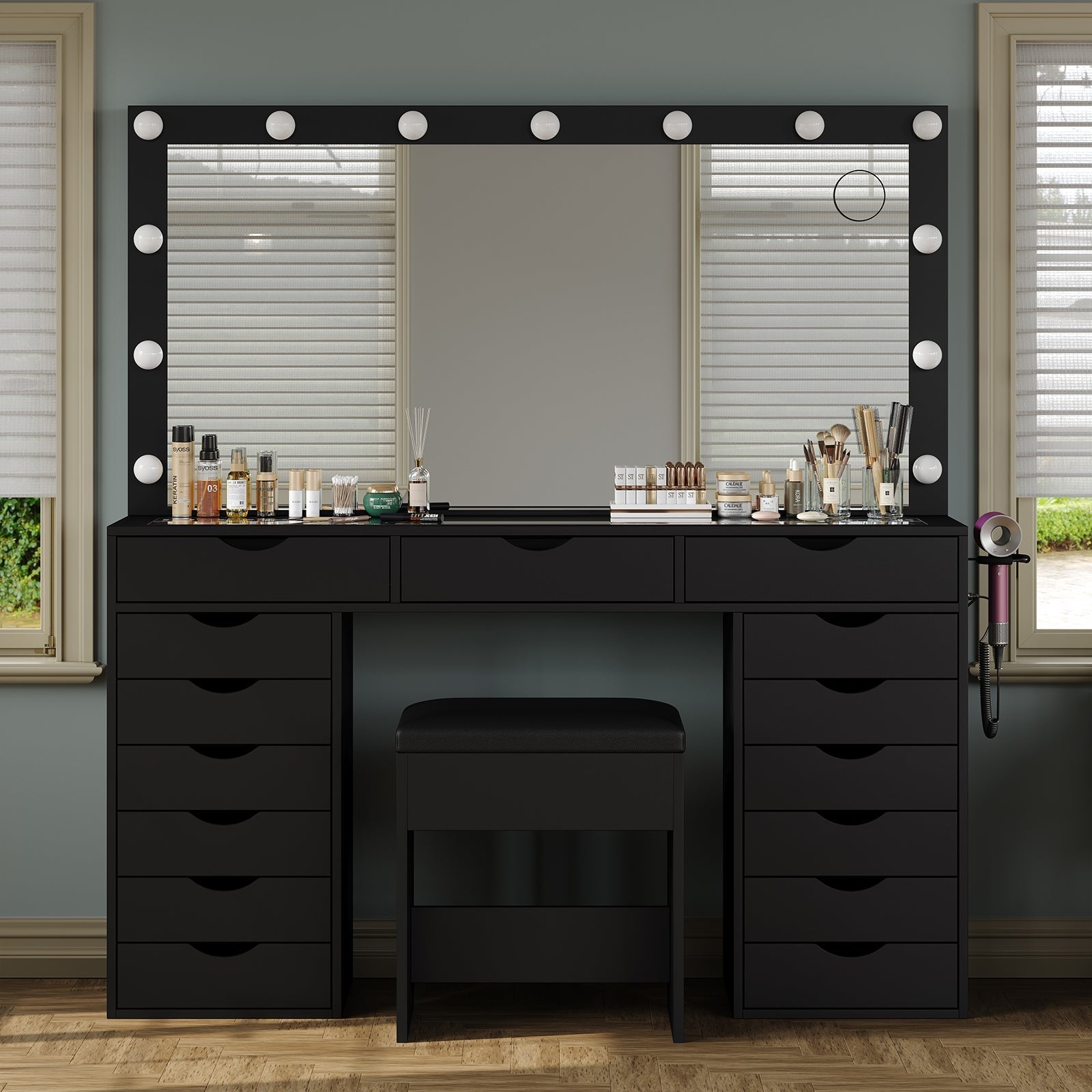 15-Drawer LED Mirror Vanity Desk - Vektaya