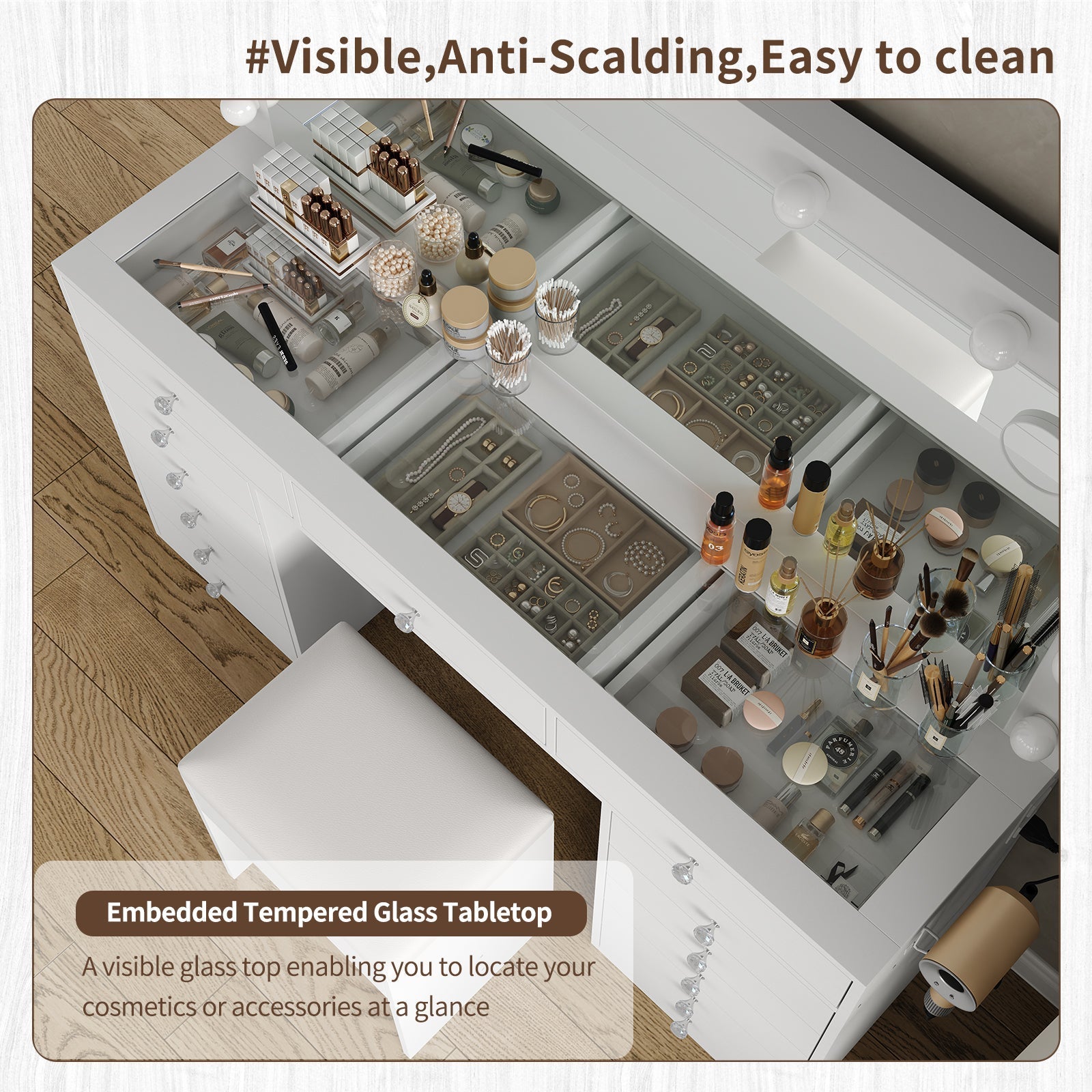 13-Drawer LED Mirror Vanity Desk - Vektaya