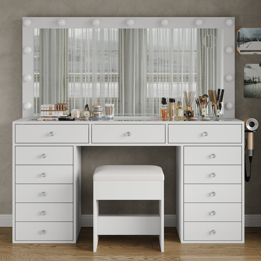 13-Drawer LED Mirror Vanity Desk - Vektaya