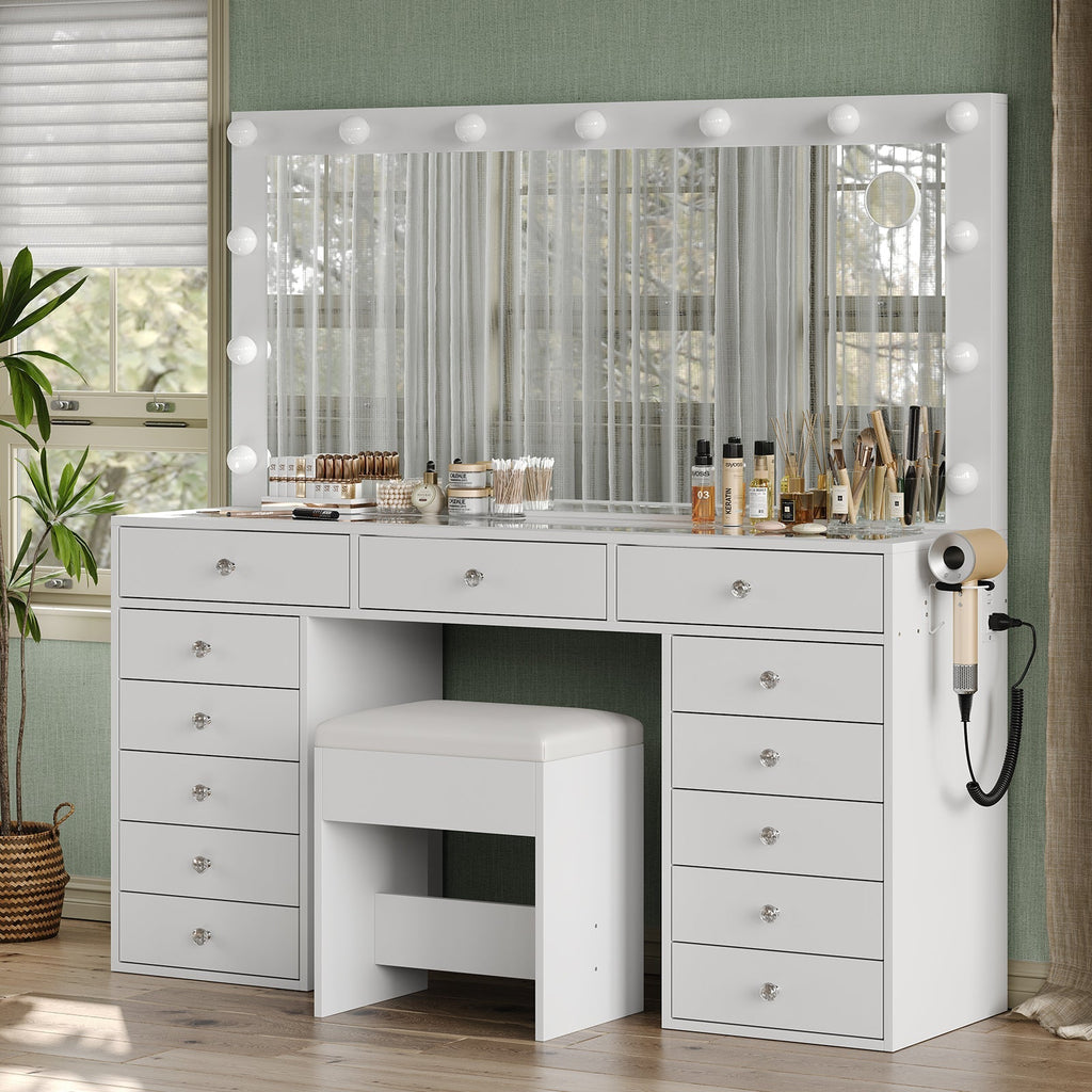 13-Drawer LED Mirror Vanity Desk - Vektaya